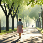 ** A serene morning scene with a woman walking on a tree-lined street. Sunlight filters through the leaves, creating dappled shadows. Birds are chirping. The scene evokes a sense of peaceful discovery and connection with nature in an urban setting. Soft, pastel colors.

**