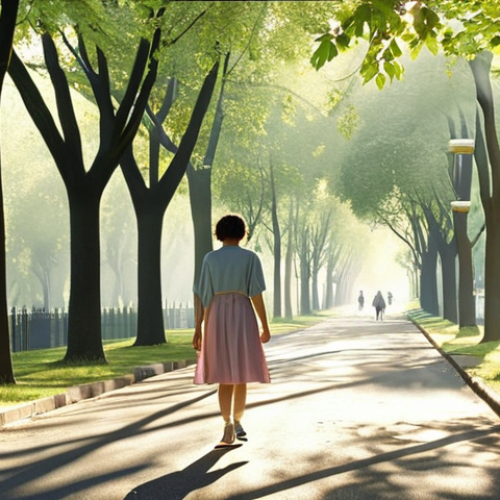 ** A serene morning scene with a woman walking on a tree-lined street. Sunlight filters through the leaves, creating dappled shadows. Birds are chirping. The scene evokes a sense of peaceful discovery and connection with nature in an urban setting. Soft, pastel colors.

**