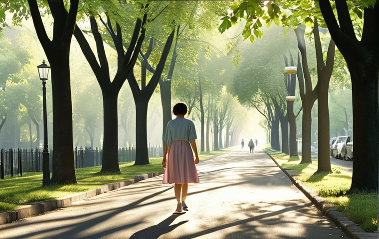 ** A serene morning scene with a woman walking on a tree-lined street. Sunlight filters through the leaves, creating dappled shadows. Birds are chirping. The scene evokes a sense of peaceful discovery and connection with nature in an urban setting. Soft, pastel colors.

**