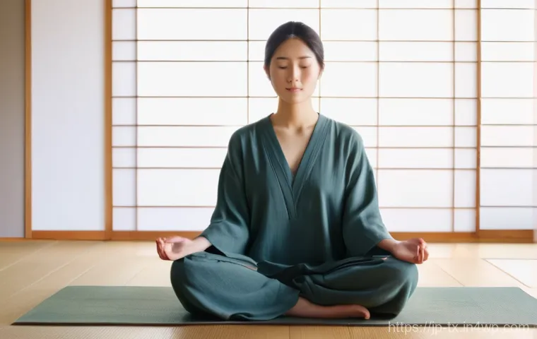내면의 지혜를 키우기 위한 다양한 훈련법 - A serene Japanese woman in her late 20s, dressed in comfortable, loose-fitting, modest attire (such ...