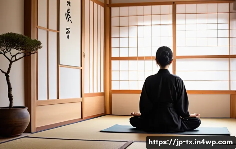 명상으로 내면의 지혜 접근하기 - A serene Japanese-style meditation room bathed in soft natural morning light filtering through shoji...