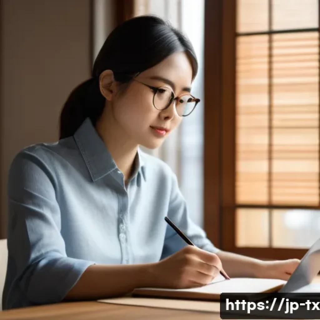 내면의 지혜를 활용한 상호작용 기술 - A modern Japanese office scene featuring a young professional woman with a gentle expression, wearin...