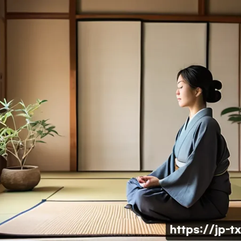 내면의 지혜와 인생의 의미 탐구 - A serene Japanese-style room bathed in soft morning light, featuring a young Japanese woman sitting ...