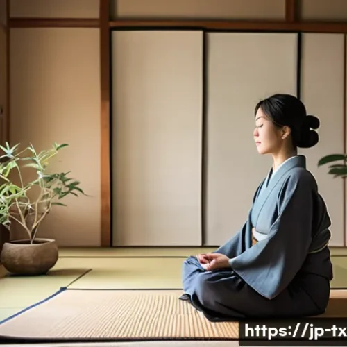 내면의 지혜와 인생의 의미 탐구 - A serene Japanese-style room bathed in soft morning light, featuring a young Japanese woman sitting ...
