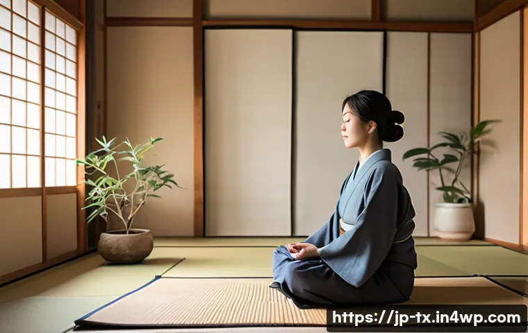내면의 지혜와 인생의 의미 탐구 - A serene Japanese-style room bathed in soft morning light, featuring a young Japanese woman sitting ...