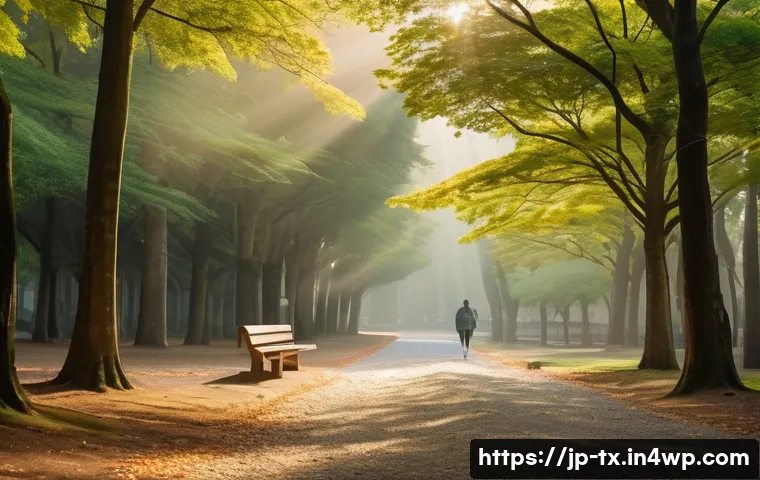 내면의 지혜와 인간 존재의 의미 - A serene early morning scene in a quiet Japanese park with soft golden sunlight filtering through ta...