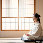 내면의 지혜와 신뢰의 형성 - A serene Japanese bedroom scene at early morning light, featuring a young adult woman sitting cross-...