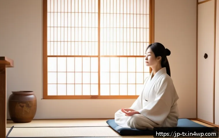 내면의 지혜와 신뢰의 형성 - A serene Japanese bedroom scene at early morning light, featuring a young adult woman sitting cross-...