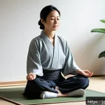 자신의 내면을 이해하는 심리학적 접근 - A serene Japanese woman in her 30s sitting peacefully on a tatami mat in a modern minimalist room, p...