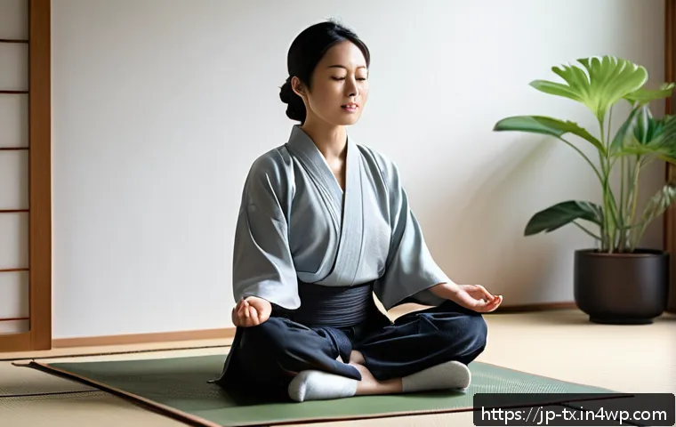 자신의 내면을 이해하는 심리학적 접근 - A serene Japanese woman in her 30s sitting peacefully on a tatami mat in a modern minimalist room, p...