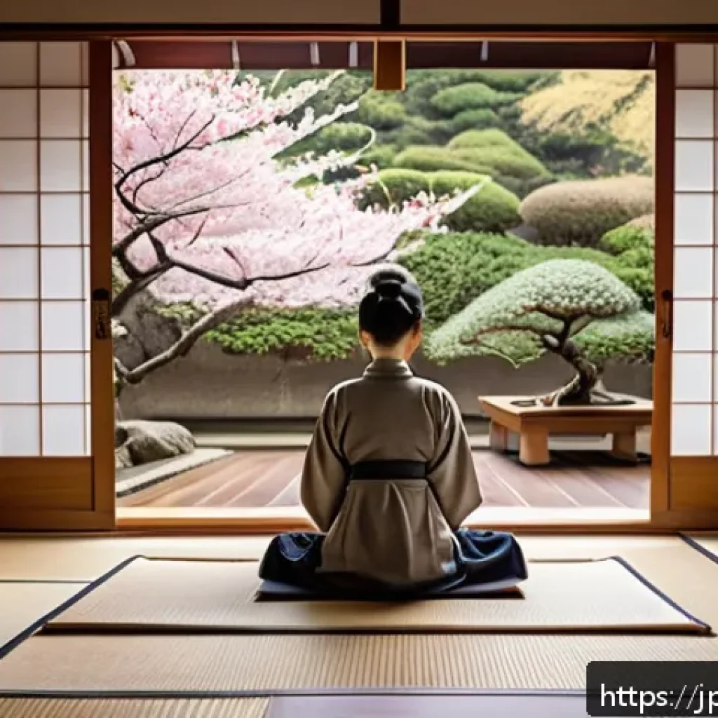 내면의 지혜를 활용한 지속 가능한 변화 - A serene Japanese-style room bathed in soft morning light, featuring a young Japanese woman sitting ...