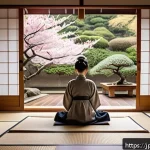 내면의 지혜를 활용한 지속 가능한 변화 - A serene Japanese-style room bathed in soft morning light, featuring a young Japanese woman sitting ...