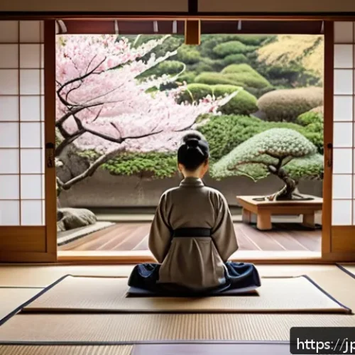 내면의 지혜를 활용한 지속 가능한 변화 - A serene Japanese-style room bathed in soft morning light, featuring a young Japanese woman sitting ...