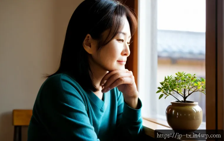 내면의 지혜와 감정적 회복의 중요성 - Photorealistic scene of a thoughtful Japanese woman in her late 40s sitting beside a sunlit window, ...